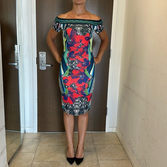 TROPICAL COLORFUL OFF THE SHOULDER TUBE DRESS CAP SLEEVES - Picture 2 of 8